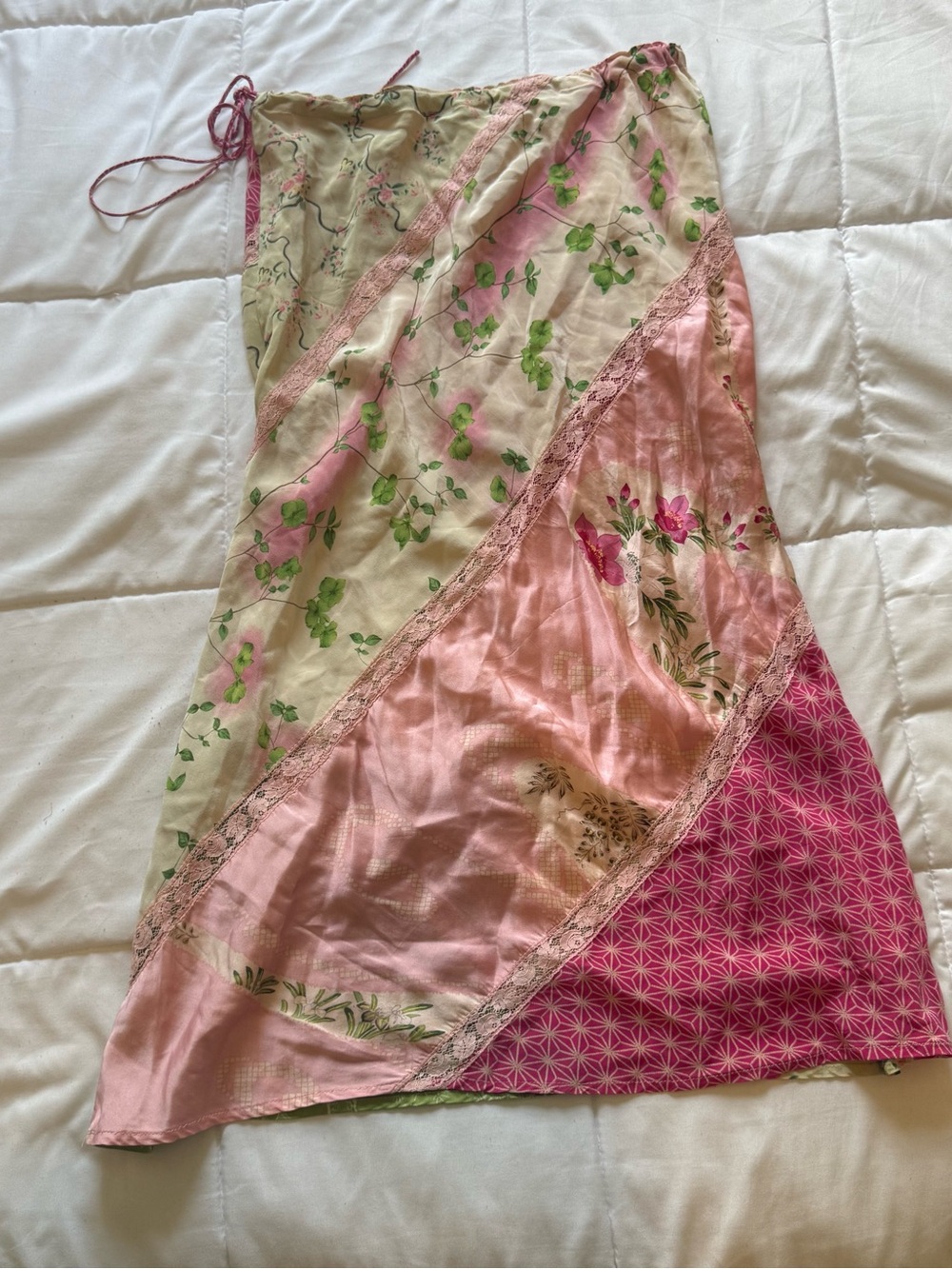 Vintage Y2K Patchwork Floral Lace Trim Midi Skirt
